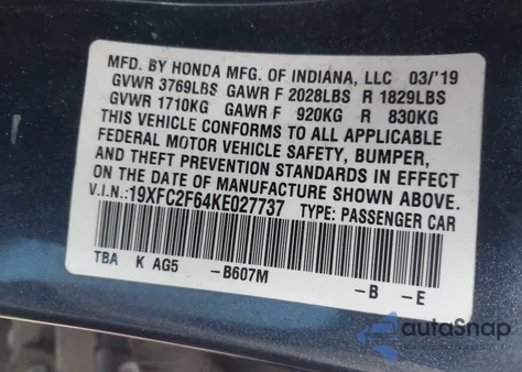 2019 Honda Civic Lx из США, поврежденный, VIN 19XFC2F64KE027737